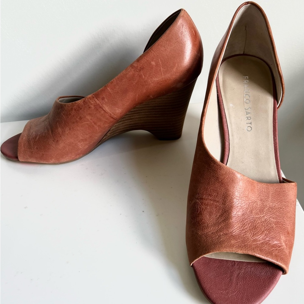 Franco Sarto Tan Peep-Toe Pink Wedges